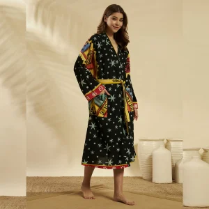 Women Cotton Black Astrology Print Robe Long Kimono - Image 5