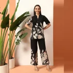 Women Cotton Blend V-Neck Co-ord Set Black Floral Print