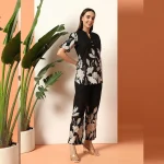 Women Cotton Blend V-Neck Co-ord Set Black Floral Print - Image 4