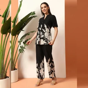Women Cotton Blend V-Neck Co-ord Set Black Floral Print - Image 5