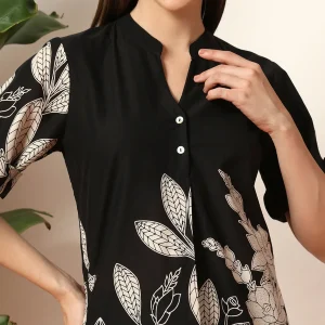 Women Cotton Blend V-Neck Co-ord Set Black Floral Print - Image 6