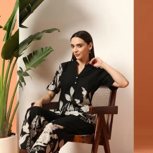Women Cotton Blend V-Neck Co-ord Set Black Floral Print - Image 3