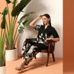 Women Cotton Blend V-Neck Co-ord Set Black Floral Print - Image 2