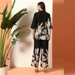 Women Cotton Blend V-Neck Co-ord Set Black Floral Print - Image 9