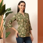 Women Cotton Tops Green Floral Print Shorts Kurti - Image 3