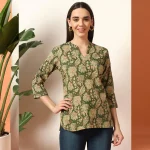 Women Cotton Tops Green Floral Print Shorts Kurti - Image 2