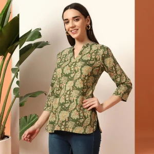 Women Cotton Tops Green Floral Print Shorts Kurti - Image 4