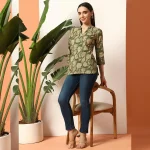 Women Cotton Tops Green Floral Print Shorts Kurti - Image 6