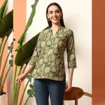Women Cotton Tops Green Floral Print Shorts Kurti