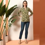 Women Cotton Tops Green Floral Print Shorts Kurti - Image 7