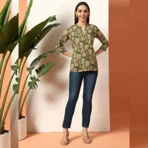 Women Cotton Tops Green Floral Print Shorts Kurti - Image 7