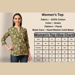 Women Cotton Tops Green Floral Print Shorts Kurti - Image 9