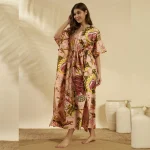 Women Peach Floral Cotton Kaftan Beach Wear - Image 2