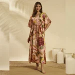 Women Peach Floral Cotton Kaftan Beach Wear - Image 3