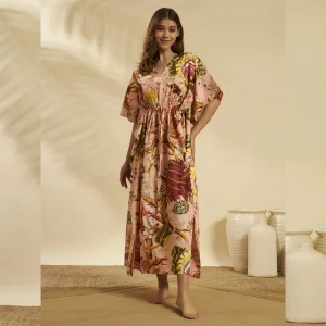 Women Peach Floral Cotton Kaftan Beach Wear - Image 3