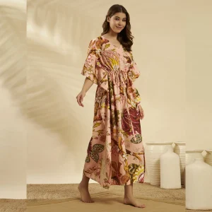 Women Peach Floral Cotton Kaftan Beach Wear - Image 4