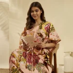 Women Peach Floral Cotton Kaftan Beach Wear - Image 5
