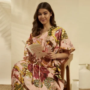Women Peach Floral Cotton Kaftan Beach Wear - Image 5