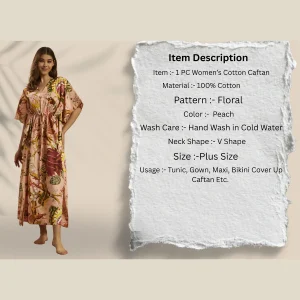 Women Peach Floral Cotton Kaftan Beach Wear - Image 8