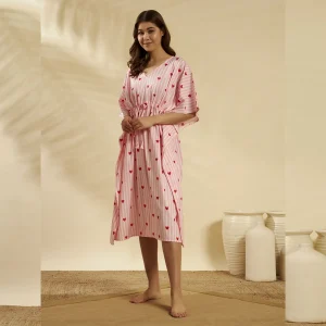 Women Pink Striped Heart Print Cotton Short Kaftan - Image 4