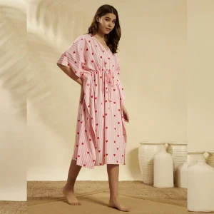 Women Pink Striped Heart Print Cotton Short Kaftan - Image 5