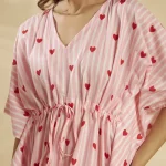Women Pink Striped Heart Print Cotton Short Kaftan - Image 7