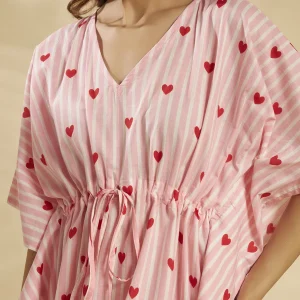 Women Pink Striped Heart Print Cotton Short Kaftan - Image 7