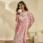 Women Pink Striped Heart Print Cotton Short Kaftan - Image 2