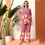 Women Purple Floral Print Cotton Kurta with Pant - Image 3