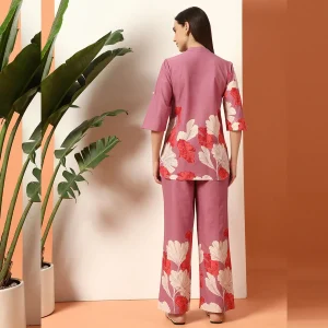 Women Purple Floral Print Cotton Kurta with Pant - Image 9