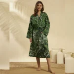 Women Star Paisley Print Green Cotton Bathrobe - Image 4