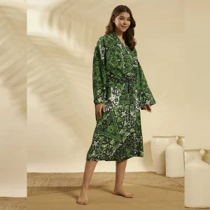 Women Star Paisley Print Green Cotton Bathrobe - Image 5