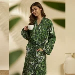 Women Star Paisley Print Green Cotton Bathrobe - Image 2