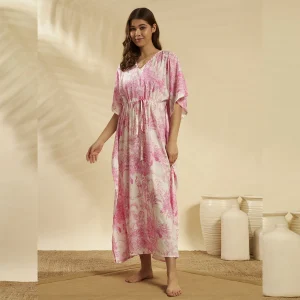 Women White Pink Forest Cotton Caftan Plus Size Maxi - Image 3