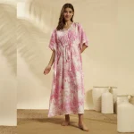 Women White Pink Forest Cotton Caftan Plus Size Maxi - Image 4