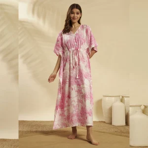 Women White Pink Forest Cotton Caftan Plus Size Maxi - Image 4