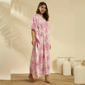 Women White Pink Forest Cotton Caftan Plus Size Maxi - Image 5