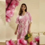 Women White Pink Forest Cotton Caftan Plus Size Maxi - Image 2