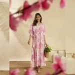 Women White Pink Forest Cotton Caftan Plus Size Maxi