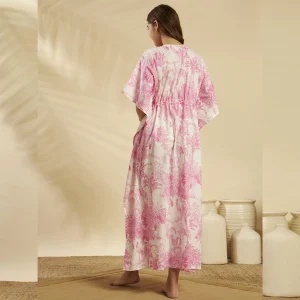Women White Pink Forest Cotton Caftan Plus Size Maxi - Image 7