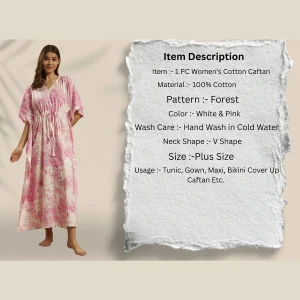 Women White Pink Forest Cotton Caftan Plus Size Maxi - Image 8