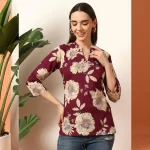 Women Wine Floral Print Cotton Short Kurti / Tops