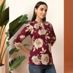 Women Wine Floral Print Cotton Short Kurti / Tops - Image 3