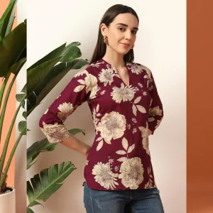 Women Wine Floral Print Cotton Short Kurti / Tops - Image 3