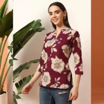 Women Wine Floral Print Cotton Short Kurti / Tops - Image 4