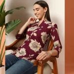 Women Wine Floral Print Cotton Short Kurti / Tops - Image 2