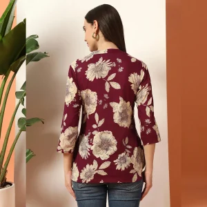Women Wine Floral Print Cotton Short Kurti / Tops - Image 7