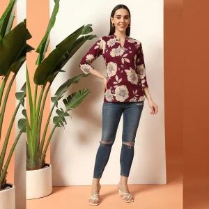 Women Wine Floral Print Cotton Short Kurti / Tops - Image 6