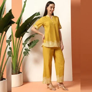 Women's Designer Print Co-Ord Set, Mustard Floral Kurta Sets - Image 4