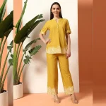 Women's Designer Print Co-Ord Set, Mustard Floral Kurta Sets - Image 3